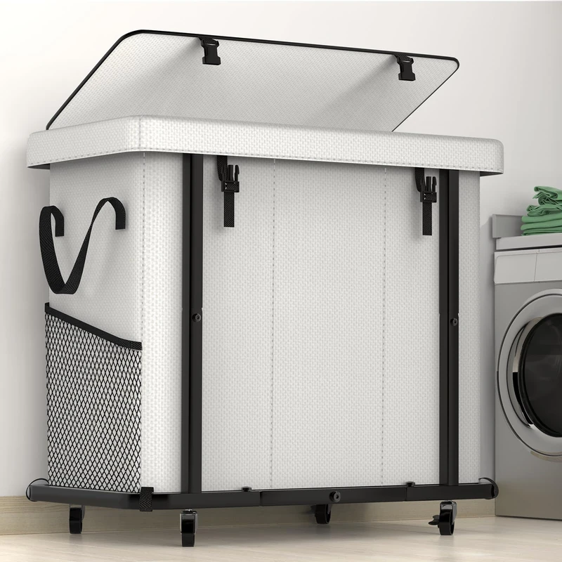 230 liter laundry basket with lid, laundry basket with wheels, metal frame dirty laundry basket and removable bag design, suitable for laundry, bedroom (white, 3 sections