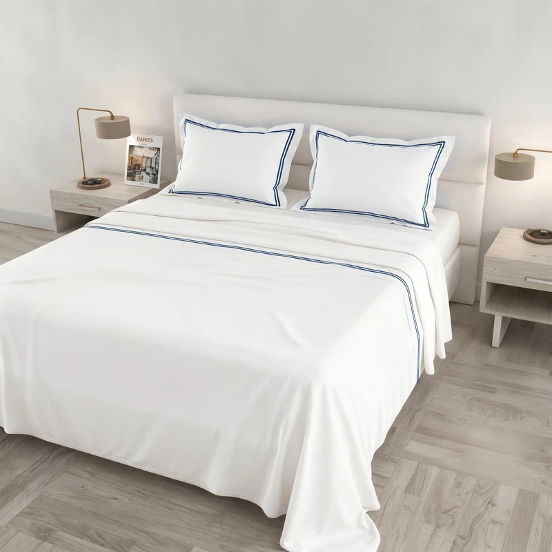 Venus Double Maxi Bed Set, 100% Cotton, Made in Italy – White Bedding Set, 2 Pillowcases with Ruffles, Double Bourdon, Top Sheet 260 x 300 cm, Bottom Sheet 180 x 200 cm – Blue - Image 1