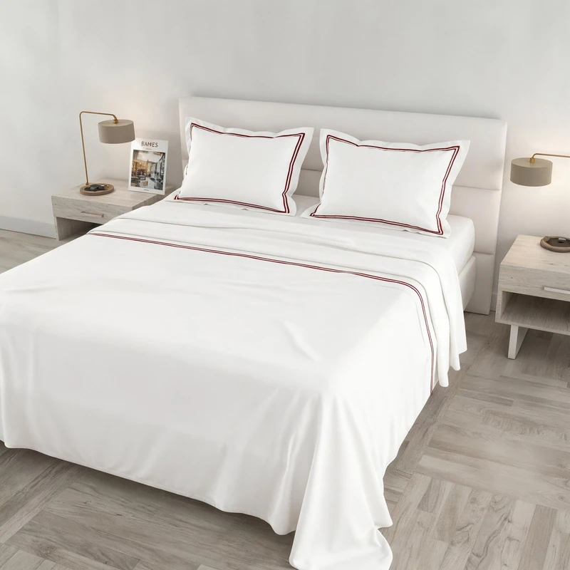 Venus Double Maxi Bed Set, 100% Cotton, Made in Italy – White Bedding Set, 2 Pillowcases with Ruffles, Double Bourdon, Top Sheet 260 x 300 cm, Bottom Sheet 180 x 200 cm – Burgundy - Image 1