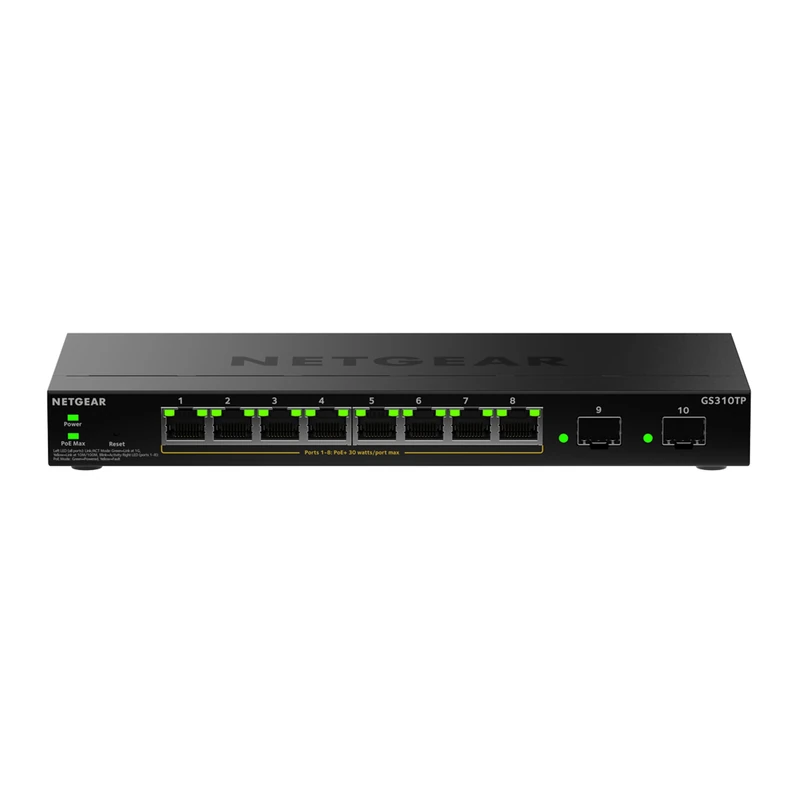 NETGEAR S350 Series 10-Port Gigabit Ethernet PoE+ Smart Managed Essentials Switch – 8 x 1G PoE+ @ 55W, 2 x 1G Dedicated SFP – Desktop or Wall-Mount (GS310TPv2)
