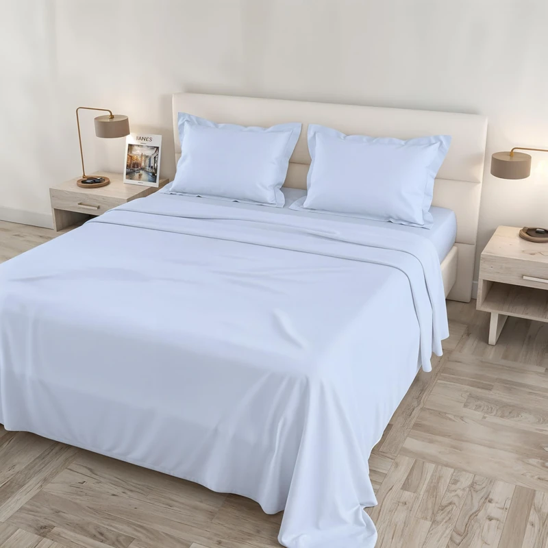 Satin Cloe Maxi Bed Set, 100% Cotton, Made in Italy – Sheet Set, 2 Pillowcases with Ruffles, Top Sheet 260 x 300 cm, Bottom Sheet 180 x 200 cm – Blue
