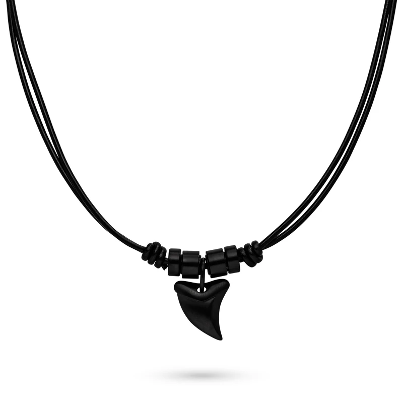 s.Oliver Men's Necklace - Real Leather Necklace with Shark Tooth Pendant - IP Black - Anchor Chain Adjustable up to 50 cm - Waterproof and Skin-Friendly