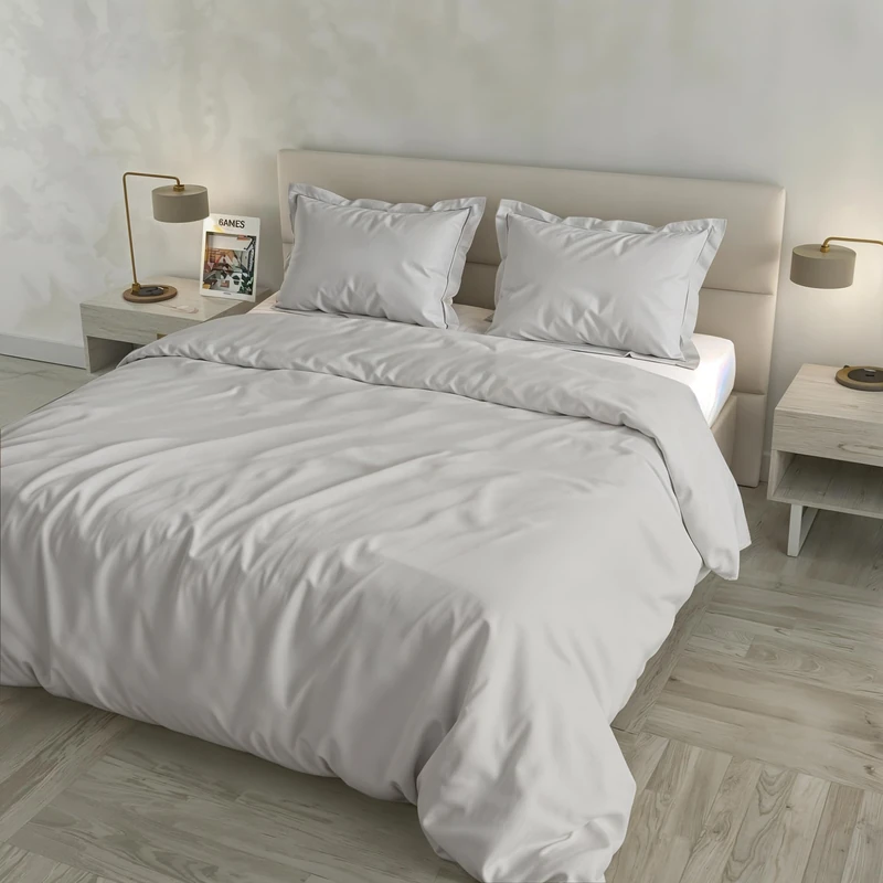 CLOE Satin Duvet Cover Set, 100% Cotton, Made in Italy – Bag 255 x 200 cm with Double Flap 50 cm, 2 Pillowcases 52 x 82 cm with 4 Ruffles, Plain Colour – Light Grey - Image 1