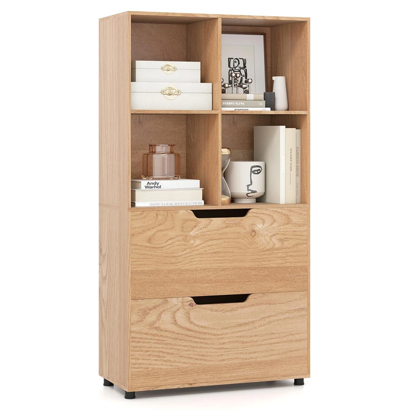 SFAREST Wooden Bookcase, 130cm Tall Storage Cabinet with 4 Open Compartments & 2 Drawers, Freestanding Book Shelves and Storage Organizer Shelf for Bedroom Living Room Home Office (Natural)