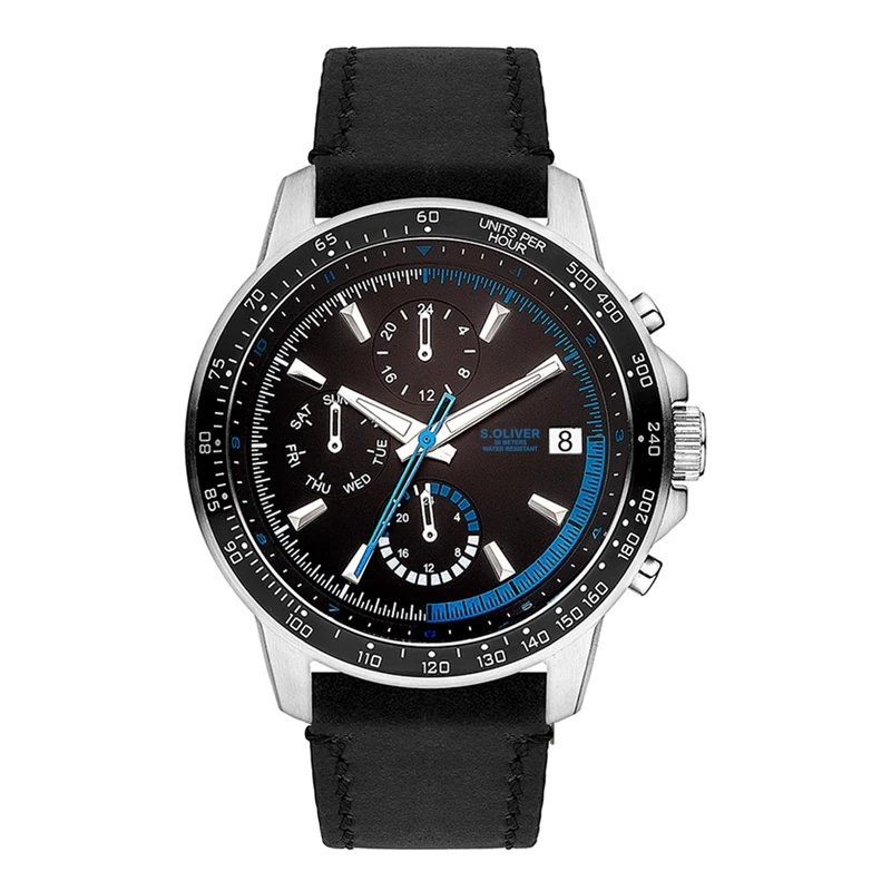 s.Oliver Men's Watch – Round – Silver – 42 mm – Metal Watch with Quartz Movement on Faux Leather Strap with Pin Buckle – Analogue Watch – 5 ATM Waterproof – Scratch-Resistant