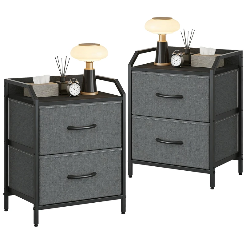 Feonase Bedside Tables Set of 2, Bedside Table with 2 Storage Fabric Drawers, Sturdy Metal Frame,Bed Side Table for Bedroom & Living Room Modern, Deep Grey