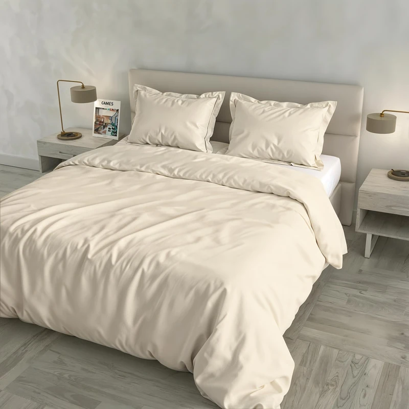 Satin Cloe Duvet Cover Set, 100% Cotton, Made in Italy – Bag 255 x 200 cm with Double Flap 50 cm, 2 Pillowcases 52 x 82 cm with 4 Ruffles, Plain Colour – Cream - Image 1