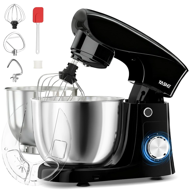 YASHE Stand Mixer, 4.5+5L 1500W Food Mixer for Baking, 10+P Speed Tilt-Head Cake Stand Mixer with Dough Hook, Beater & Whisk, Dishwasher Safe, Black