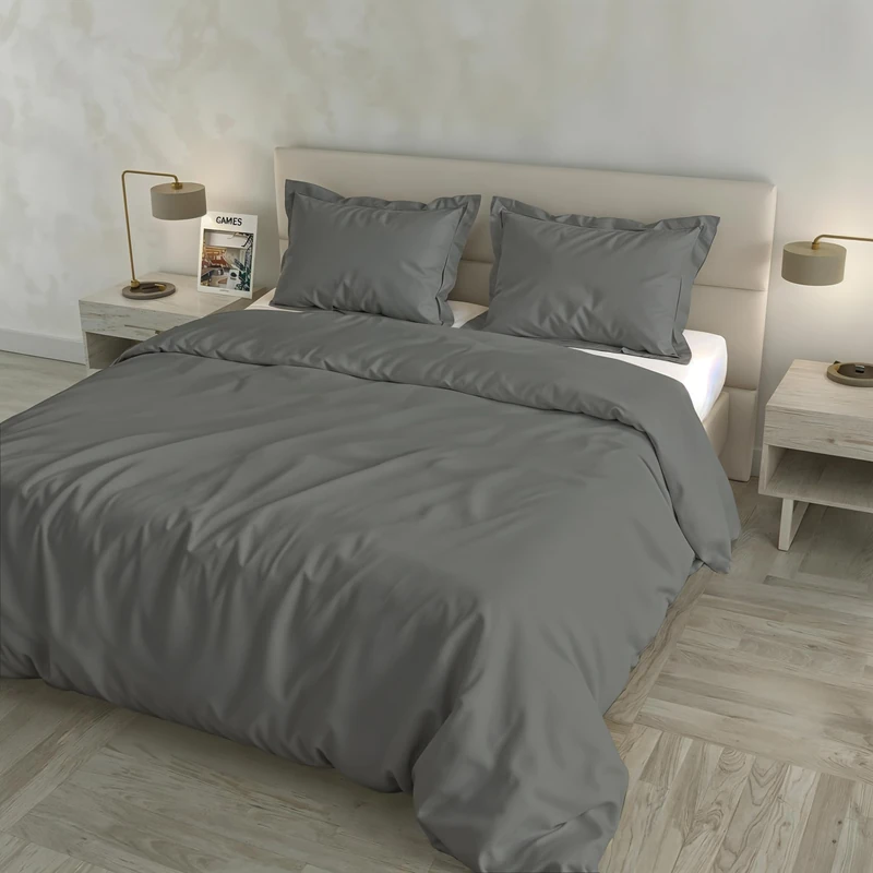 CLOE Satin Duvet Cover Set, 100% Cotton, Made in Italy – Bag 255 x 200 cm with Double Flap 50 cm, 2 Pillowcases 52 x 82 cm with 4 Ruffles, Plain Colour – Dark Grey