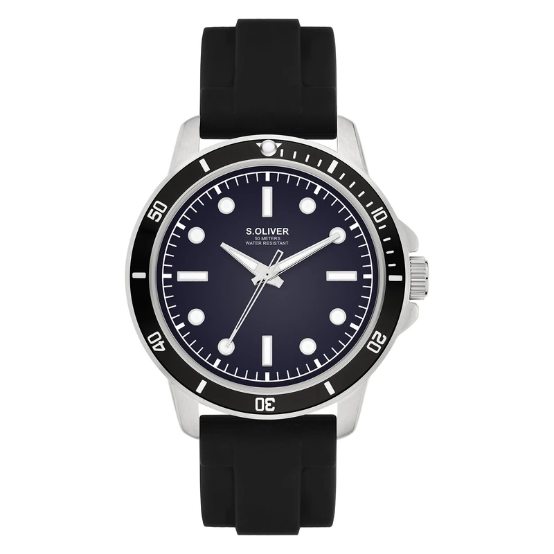 s.Oliver Men's Watch – Round – Silver – 42 mm – Metal Watch with Quartz Movement on Silicone Strap with Pin Buckle – Analogue Watch – 5 ATM Waterproof – Scratch-Resistant
