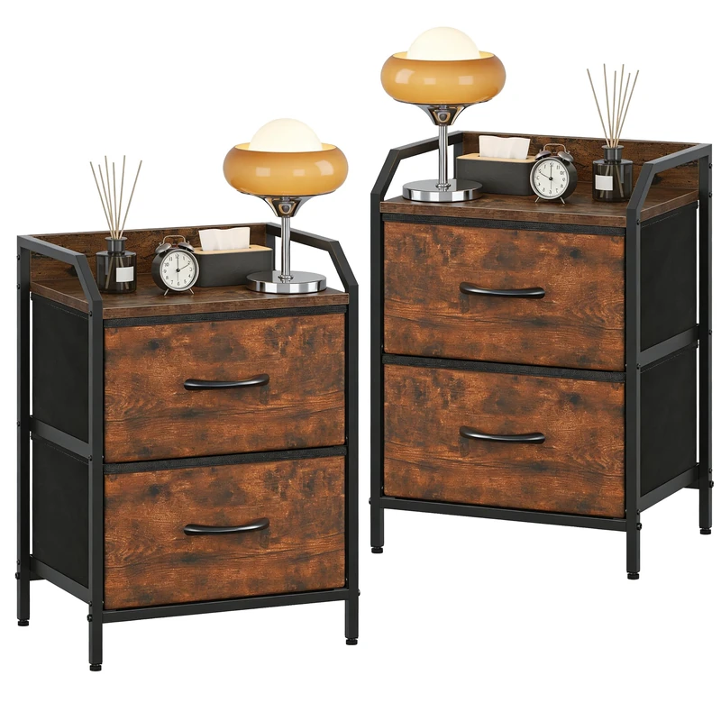 Feonase Bedside Tables Set of 2, Bedside Table with 2 Storage Fabric Drawers, Sturdy Metal Frame,Bed Side Table for Bedroom & Living Room Modern, Rustic Brown