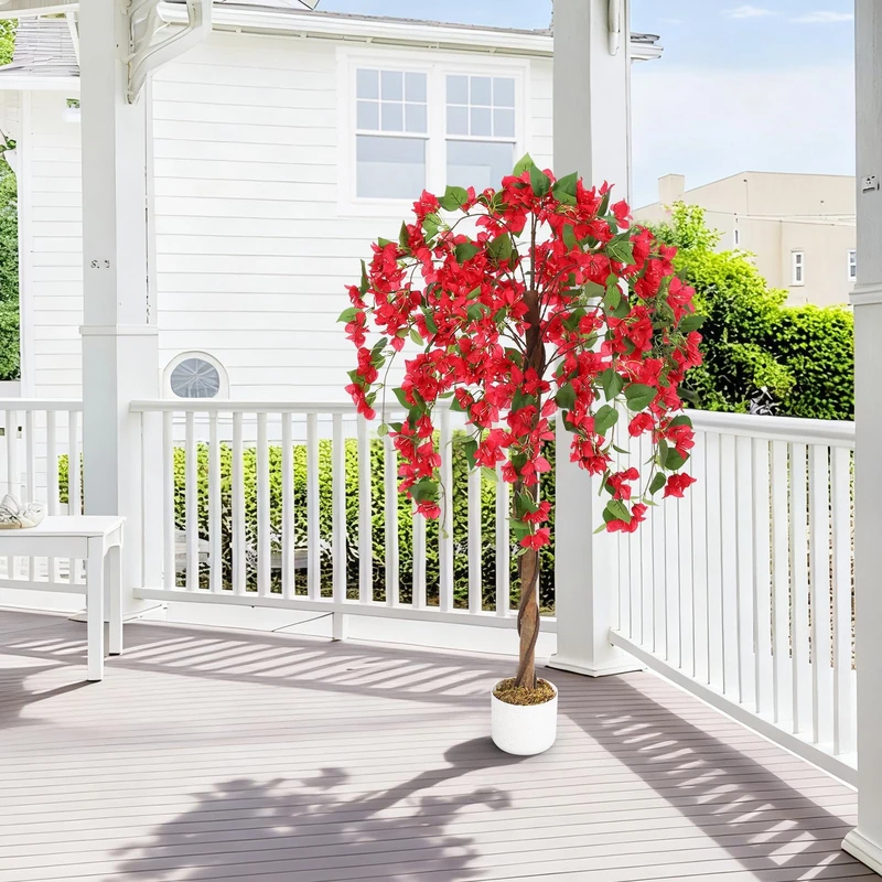 GarveeHome Artificial Bougainvillea Tree 90 cm / 120 cm / 150 cm with Natural Trunk - Pink Treble Flowers, Realistic Artificial Plant in Pot for Garden, Balcony & Home - Image 1