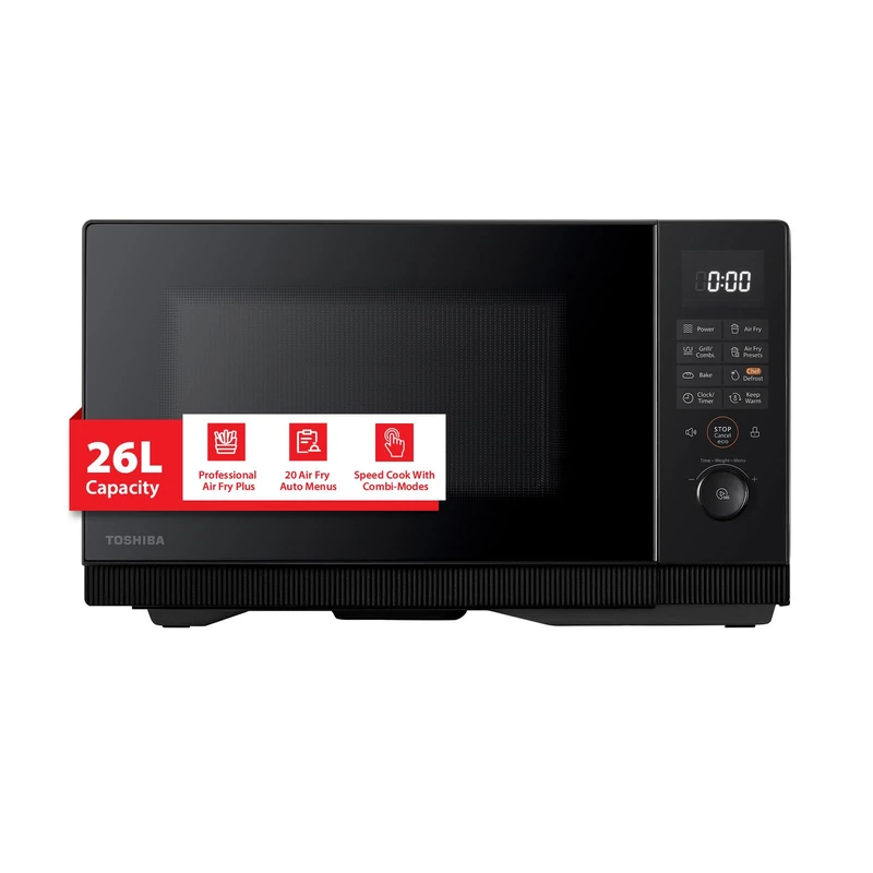 TOSHIBA 26L 6-in-1 Professional Air Fry Plus Microwave Combo With Chef Defrost, Crispy Grill,Bake,Convection,Combi, 10 power levels, 20 Auto Menus, 900W Microwave, 1500W Grill, Black, MV2-EC26SF(BK)