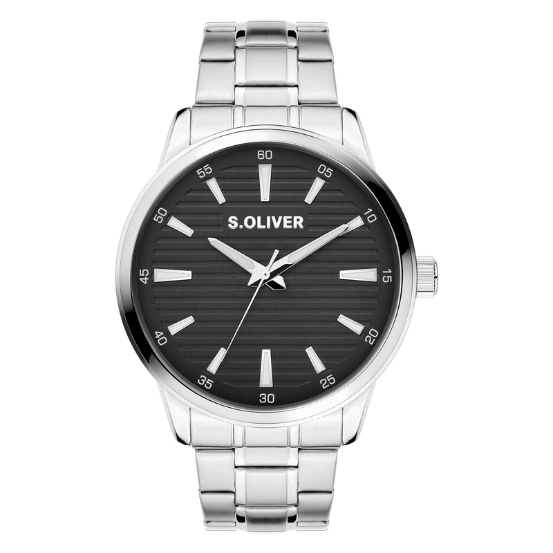s.Oliver Men's Watch, Round, Silver, 44 mm, Metal Watch with Quartz Movement on Stainless Steel Strap with Folding Clasp, Analogue Watch, 5 ATM Waterproof, Scratch-Resistant
