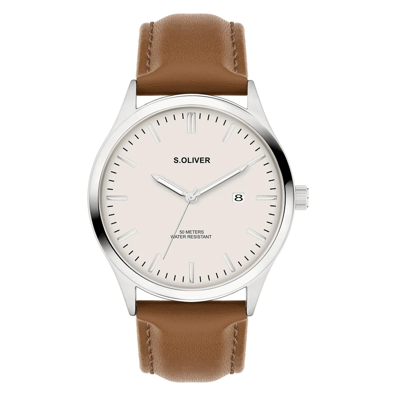 s.Oliver Men's Watch – Round – Silver – 42 mm – Metal Watch with Quartz Movement on Faux Leather Strap with Pin Buckle – Analogue Watch – 5 ATM Waterproof – Scratch-Resistant