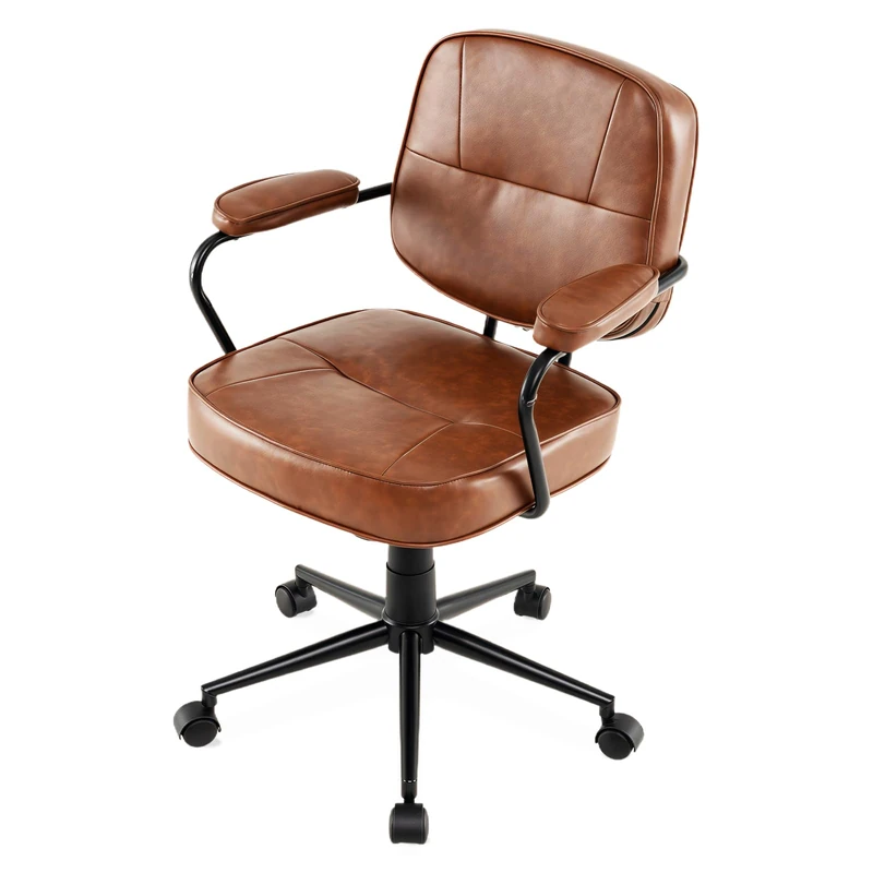 SFAREST PU Leather Office Chair, Height Adjustable Swivel Desk Chair with Rocking Backrest, Padded Armrests & Casters, Ergonomic Executive Task Chair for Home Office (Brown, 63 x 58 x 85-93cm)