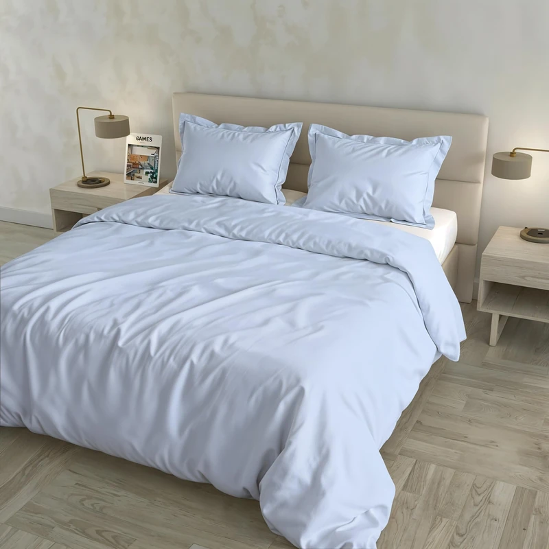Satin Cloe Duvet Cover Set, 100% Cotton, Made in Italy – Bag 255 x 200 cm with Double Flap 50 cm, 2 Pillowcases 52 x 82 cm with 4 Ruffles, Plain Colour – Light Blue - Image 1