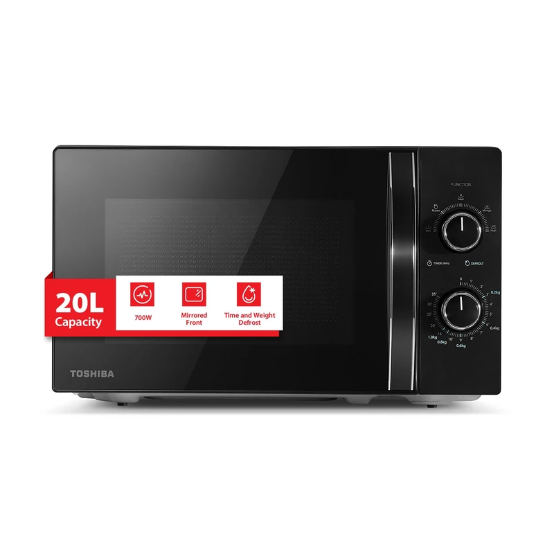 TOSHIBA Black Mirror Front Microwave 20 Liter 700W Manual Control, Compact with 5 Power Levels, Automatic Defrost, Perfect for 9'' Pizza, Clock and Timer, Easy Clean, MW2-MM20PF(MB)