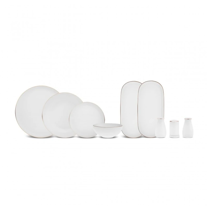 Karaca Stream Bone China Favaro 53-Piece Dinner Set for 12 People, Elegant White & Gold Bone China Tableware, Includes Dinner Plates, Bowls & Serving Pieces, Gold