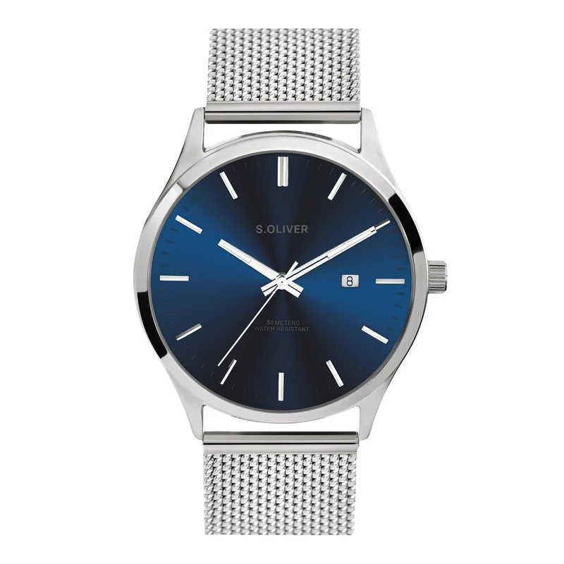 s.Oliver Men's Watch – Round – Silver – 42 mm – Metal Watch with Quartz Movement on Stainless Steel Strap with Folding Clasp – Analogue Watch – 5 ATM Waterproof – Scratch-Resistant