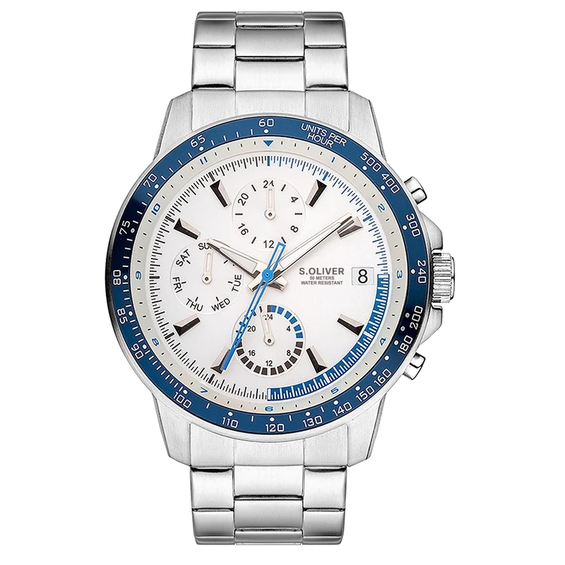 s.Oliver Men's Watch, Round, Silver, 42 mm, Metal Watch with Quartz Movement on Stainless Steel Strap with Folding Clasp, Analogue Watch, 5 ATM Waterproof, Scratch-Resistant