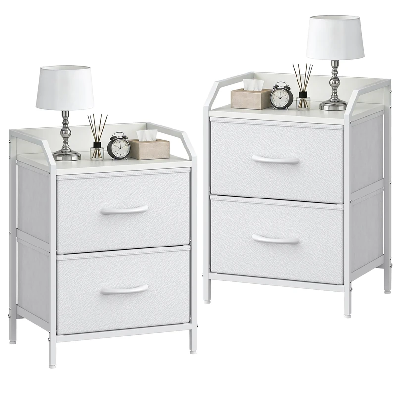 Feonase Bedside Tables Set of 2, Bedside Table with 2 Storage Fabric Drawers, Sturdy Metal Frame,Bed Side Table for Bedroom & Living Room Modern, White