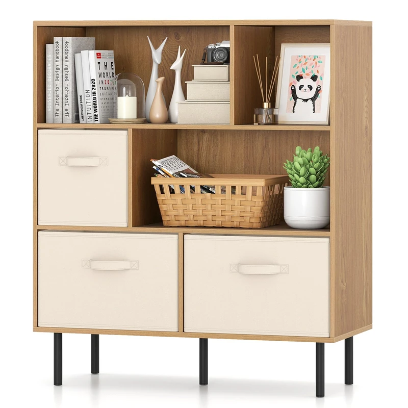 SFAREST 6 Cube Storage with 3 Baskets, Freestanding Wooden Bookcase with 5 Metal Legs & Removable Drawers, 105cm Tall Storage Cabinet for Bedroom Living Room Home Office (Natural+Beige)