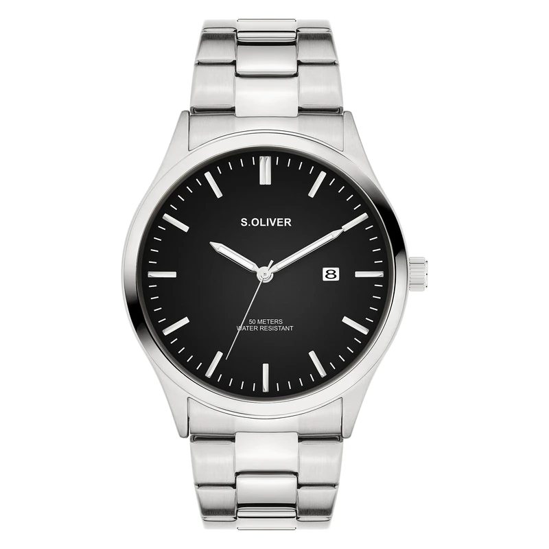 s.Oliver Men's Watch, Round, Silver, 42 mm, Metal Watch with Quartz Movement on Stainless Steel Strap with Folding Clasp, Analogue Watch, 5 ATM Waterproof, Scratch-Resistant