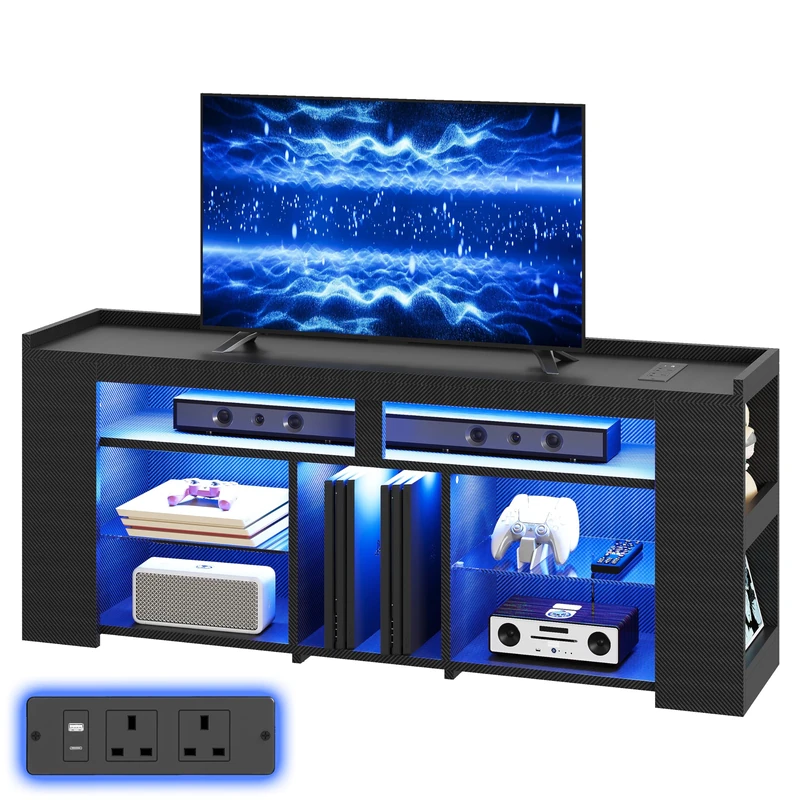 IRONCK 140CM LED TV Stand for 55/65 Inch TV, Carbon Fiber TV Unit with Power Outlet, Media Entertainment Center for PS4/Xbox, Wooden TV Console Table Storage Cabinet for Living Room Bedroom, Black