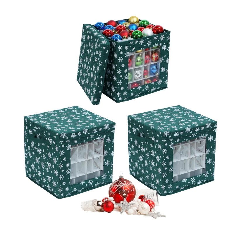 Relaxdays Christmas Bauble Storage Boxes, Set of 3, Non-Woven Cardboard, 33x33x33 cm, Green