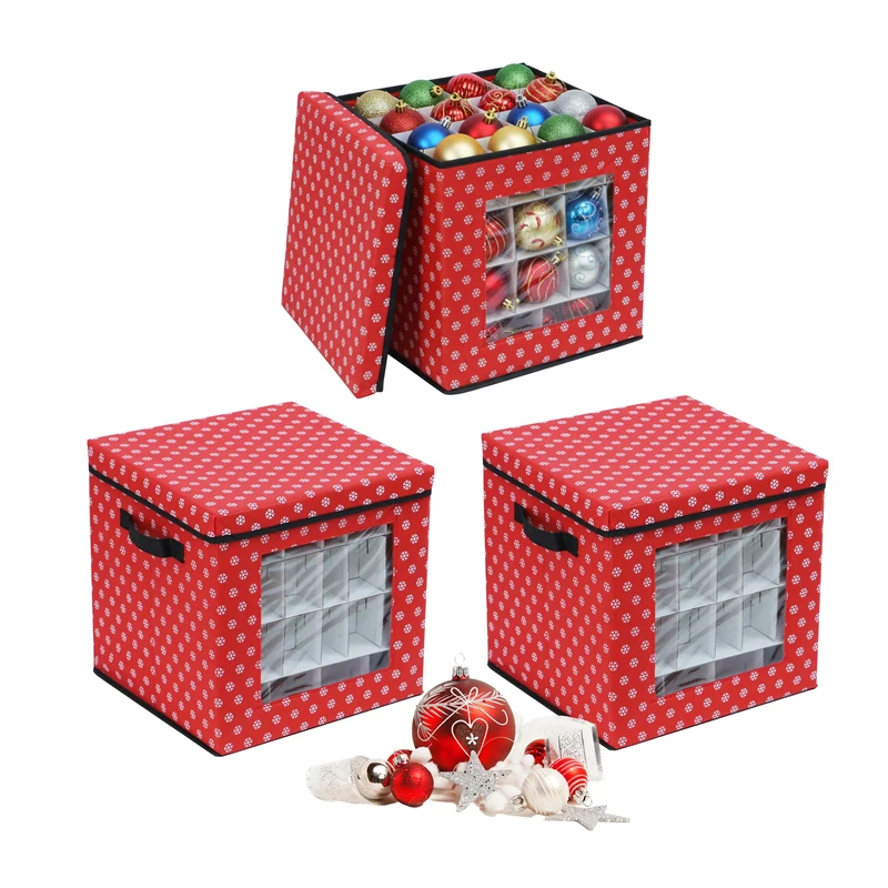 Relaxdays Christmas Bauble Storage Box Set of 3, 33x33x33cm, Non-Woven/Cardboard/Plastic, Red
