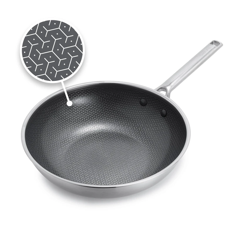 GreenPan Hybrid Stainless Steel Wok with Non-Stick Coating, 28 cm, APEX Tri-Ply Thermobond PFAS-Free Ceramic Pan, Induction Safe, Oven Safe up to 220°C, Dishwasher Safe, Silver