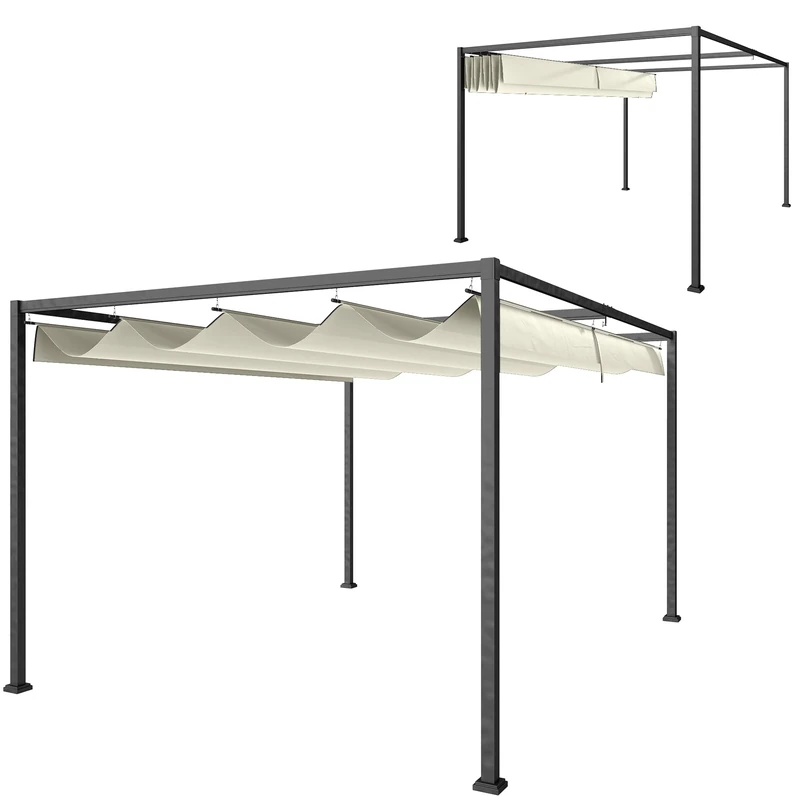 Outsunny 4 x 3(m) Metal Outdoor Pergola with Retractable Roof, Outdoor Gazebo Canopy Shelter with Drainage Holes for Garden, Patio, Lawn, Cream White