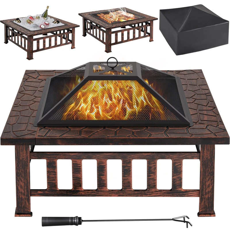 Yaheetech Square Fire Pit, 86cm Outdoor Patio Heater Table for Barbecue, Heating, Cooling Drinks w/Cover & Poker, Wood & Charcoal Burning, Copper