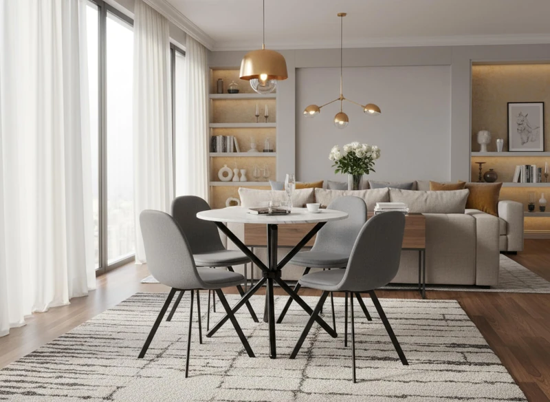 FurnitureR 5PCS Dining Set Round Table and 4 Grey Upholstered Chairs, Modern Kitchen Restaurant Cafe, Metal Legs, Space-Saving Design