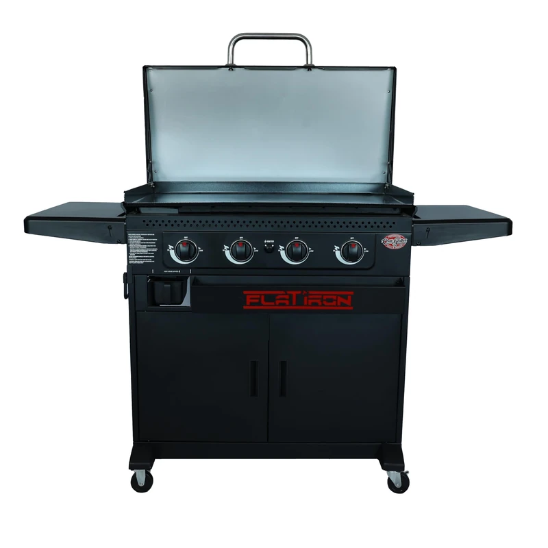 Char-Griller Flat Iron Premium 4 Burner Gas Griddle BBQ, Outdoor Plancha Grill with Ceramic Coated Steel Plate, Lid, 4 Cooking Zones, 54,000 BTU, 5000 cm² Cooking Area, Black