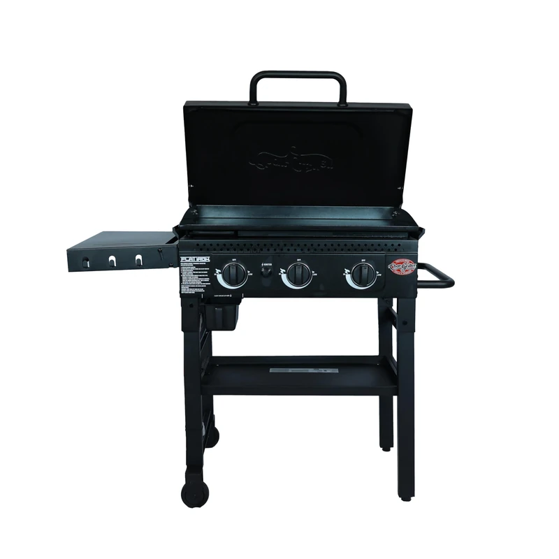 Char-Griller® Flat Iron 3-Burner Propane Gas Flat-Top Griddle with Steel Griddle Top, Hinged Lid and Wind Guards, 520 Cooking Square Inches in Black, Model 8428
