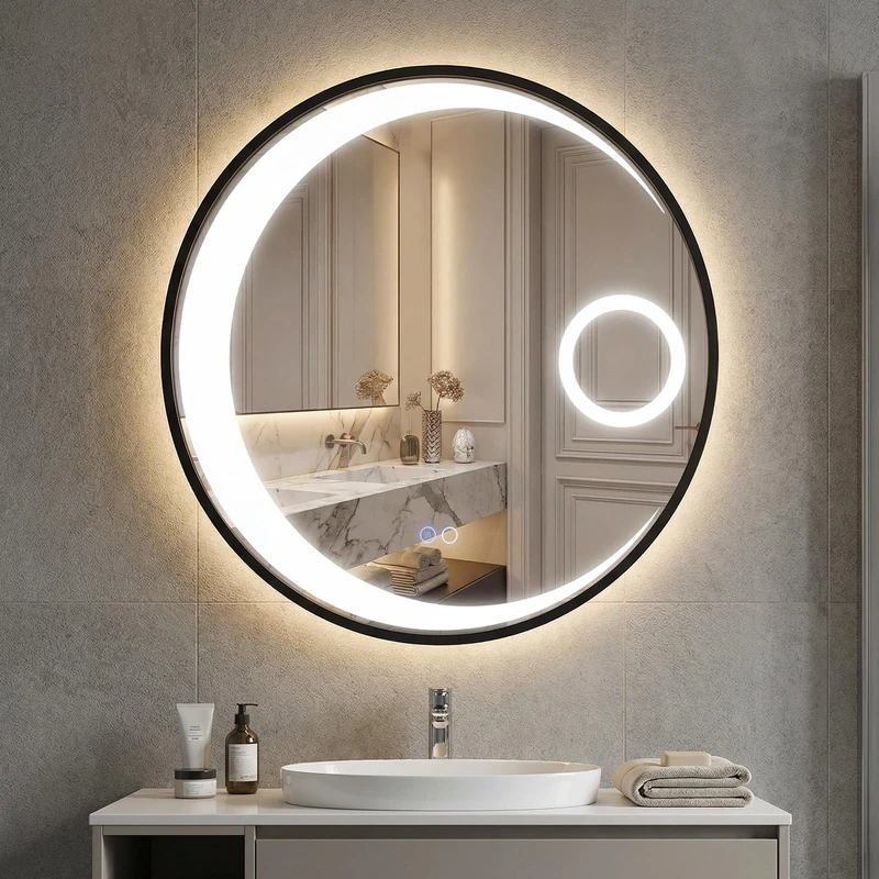 FANTASK 60 cm LED Bathroom Mirror with Lighting. Round Mirror with Anti-Fog & 3 Light Colours, Wall Mirror with 3x Magnification & Aluminium Frame