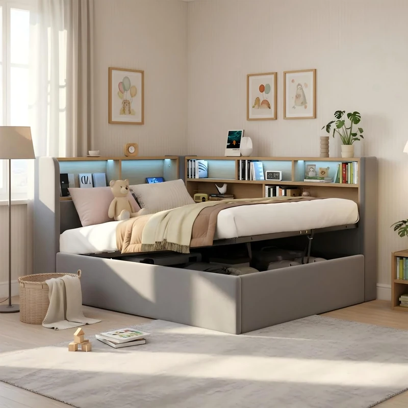 Ball & Cast Daybed Sofa Bed with Storage, L-shaped Upholstered with Storage Compartment, Bookcase, LED Light, USB Charging Port, 3FT Single Bed 90x190cm, Hydraulic Storage Bed Frame, Velvet，Grey