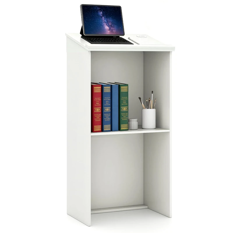 SFAREST Lectern Podium Stand, Wooden Stand Up Lecture Table Pulpits with Barrier Stopper, Floor Standing Desk Host Stage Speaking Reading Table for Churches Conference Classrooms Speeches(White)