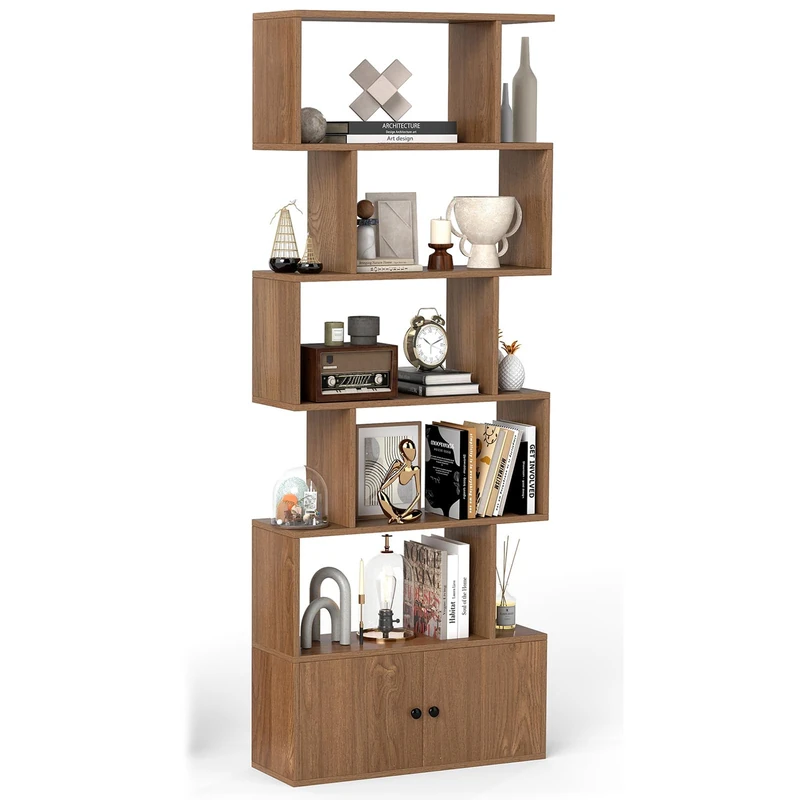 SFAREST 5/6-Tier Bookcase, Wooden S-Shaped Storage Bookshelf, Freestanding Shelving Display Organizer Unit for Living Room, Study and Office (With Cabinet, Natural)