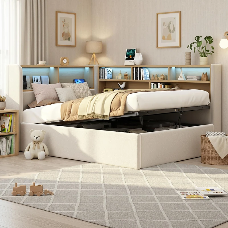 Ball & Cast Daybed Sofa Bed with Storage, L-shaped Upholstered with Storage Compartment, Bookcase, LED Light, USB Charging Port, 3FT Single Bed 90x190cm, Hydraulic Storage Bed Frame, Velvet，Beige