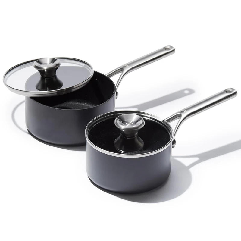 OXO Ceramic Non‑Stick Professional Saucepan Set with Lids (16 cm/1.6 L & 18 cm/2.1 L) – Diamond‑Reinforced No-PFAS Ceramic, Induction‑Ready Bases, Oven Safe to 200°C, Dishwasher Safe