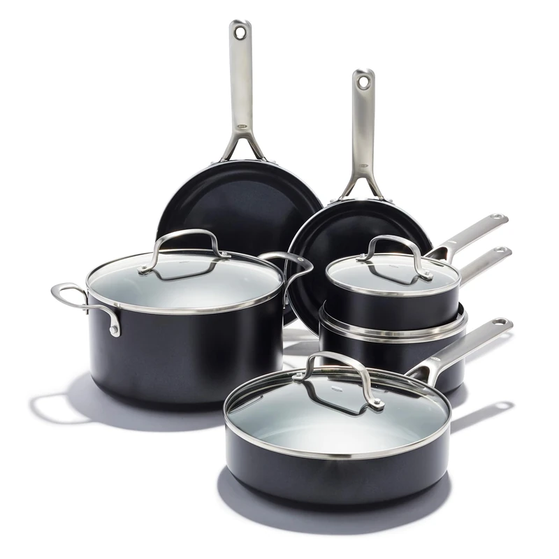 OXO Agility Series 10-Piece Cookware Set – No-PFAS Ceramic Non-Stick, Quick-Heating Aluminium, Induction-Ready Base, Oven & Dishwasher Safe, Sturdy Stainless Steel Handles, Tempered Glass Lids