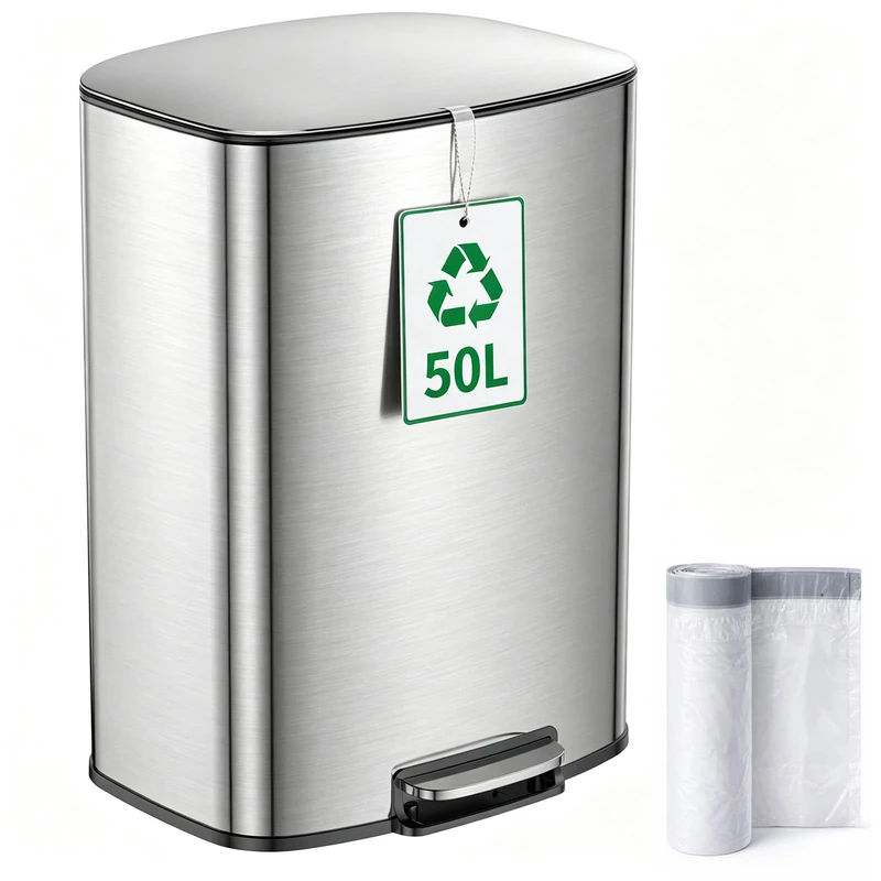YEAUPE PRO 50L Kitchen Recycling Bin, Stainless Steel Pedal Bin with Soft Close Lid, Large Single Compartment Rubbish Bin for Kitchen