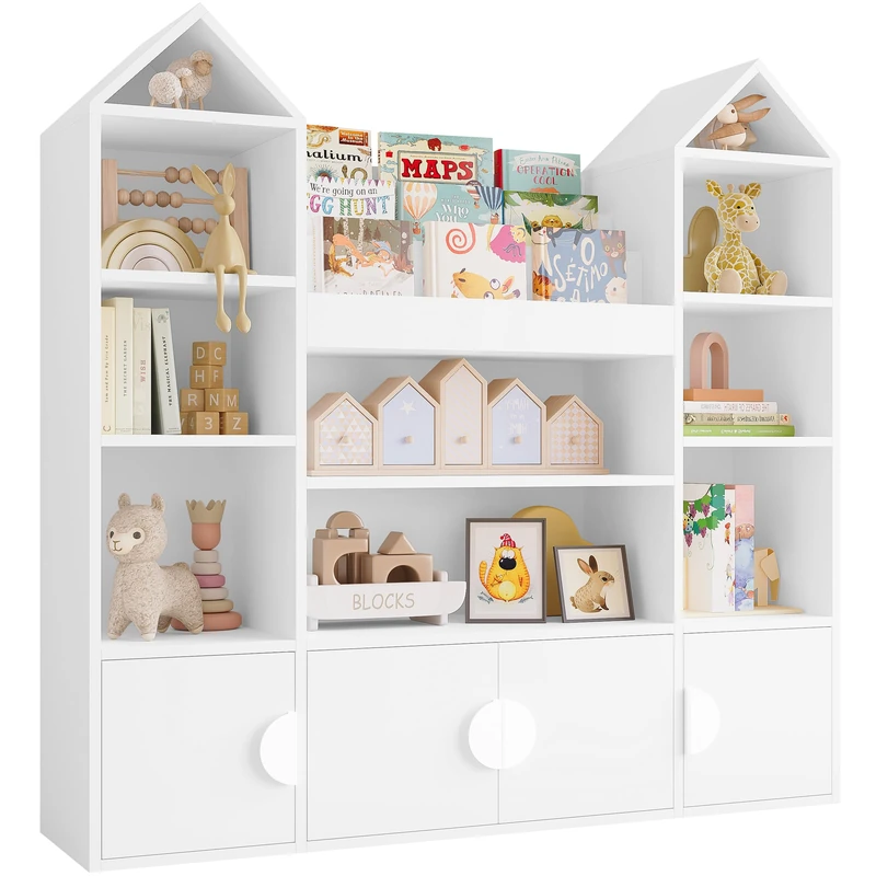 IRONCK Kids Toy Storage Unit Childrens Bookcase Toy Organiser Kids Bookshelf 4 Doors, 10 Open Shelves, Castle Top, Sliding Book Shelves, for Nursery Playroom,123.5x33x127cm (White)