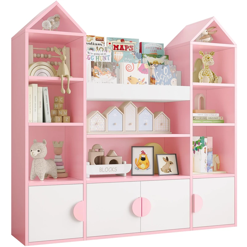 IRONCK Kids Toy Storage Unit Childrens Bookcase Toy Organiser Kids Bookshelf 4 Doors, 10 Open Shelves, Castle Top, Sliding Book Shelves, for Nursery Playroom,123.5x33x127cm (Pink)