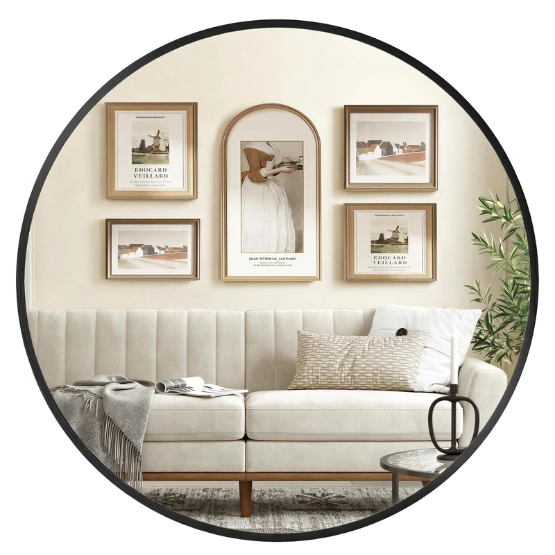 SONGMICS Round Mirror, 80 cm Bathroom Mirror for Wall, Metal Frame, Easy to Install, Modern Wall Mirror for Bathroom, Living Room, Bedroom, Entryway, Hallway, Ink Black LWM108BD01