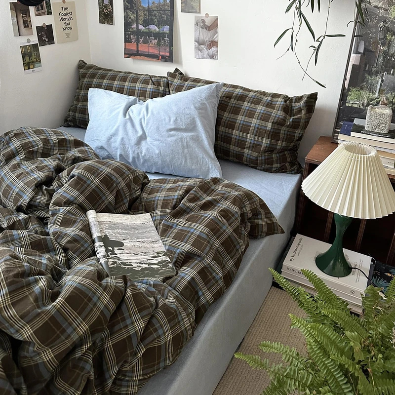 MKXI Cal King Blue, Brown & Green Buffalo Plaid Duvet Cover Set - 3 Piece Vintage Aesthetic Bedding Set, 100% Washed Cotton, Minimalist Design, Soft & Breathable Duvet Cover with Zipper Closure