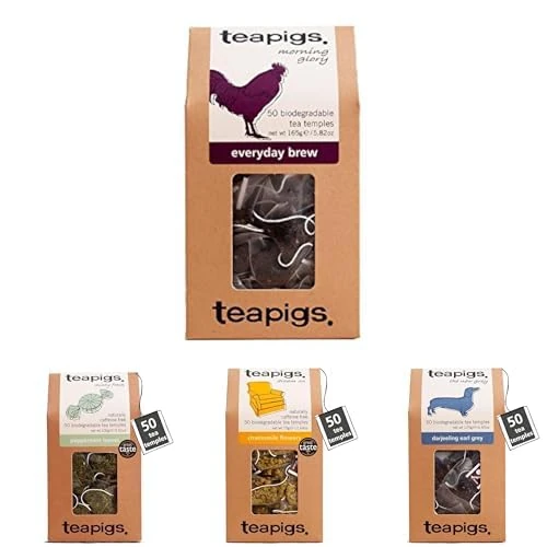 teapigs Big Bestsellers Bundle - English Breakfast, Peppermint, Mao Feng, Darjeeling Earl Grey & Chamomile Tea Bags - Black & Herbal Tea Bundle - 5x50 Temples